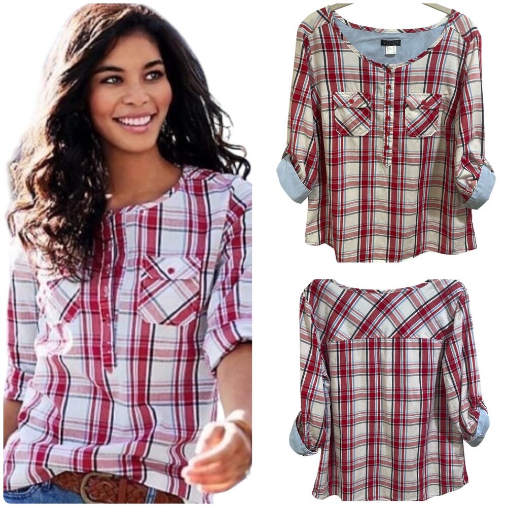 Venus Red Blue Plaid 3 Button Front Denim Rolled Cuff Sleeve Size 6
